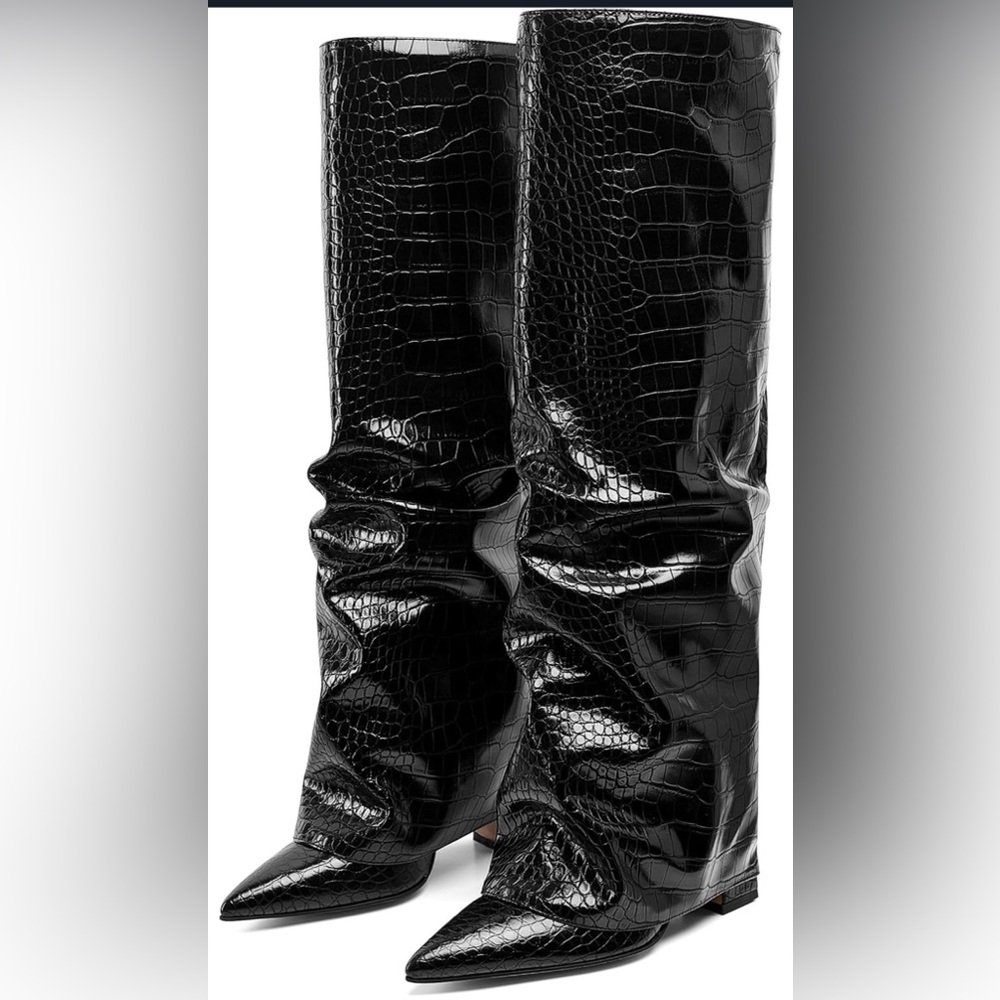 NEW Women's Slouchy Knee High Boots - Black, Pointed Toe, Fold Over, Shark Boots